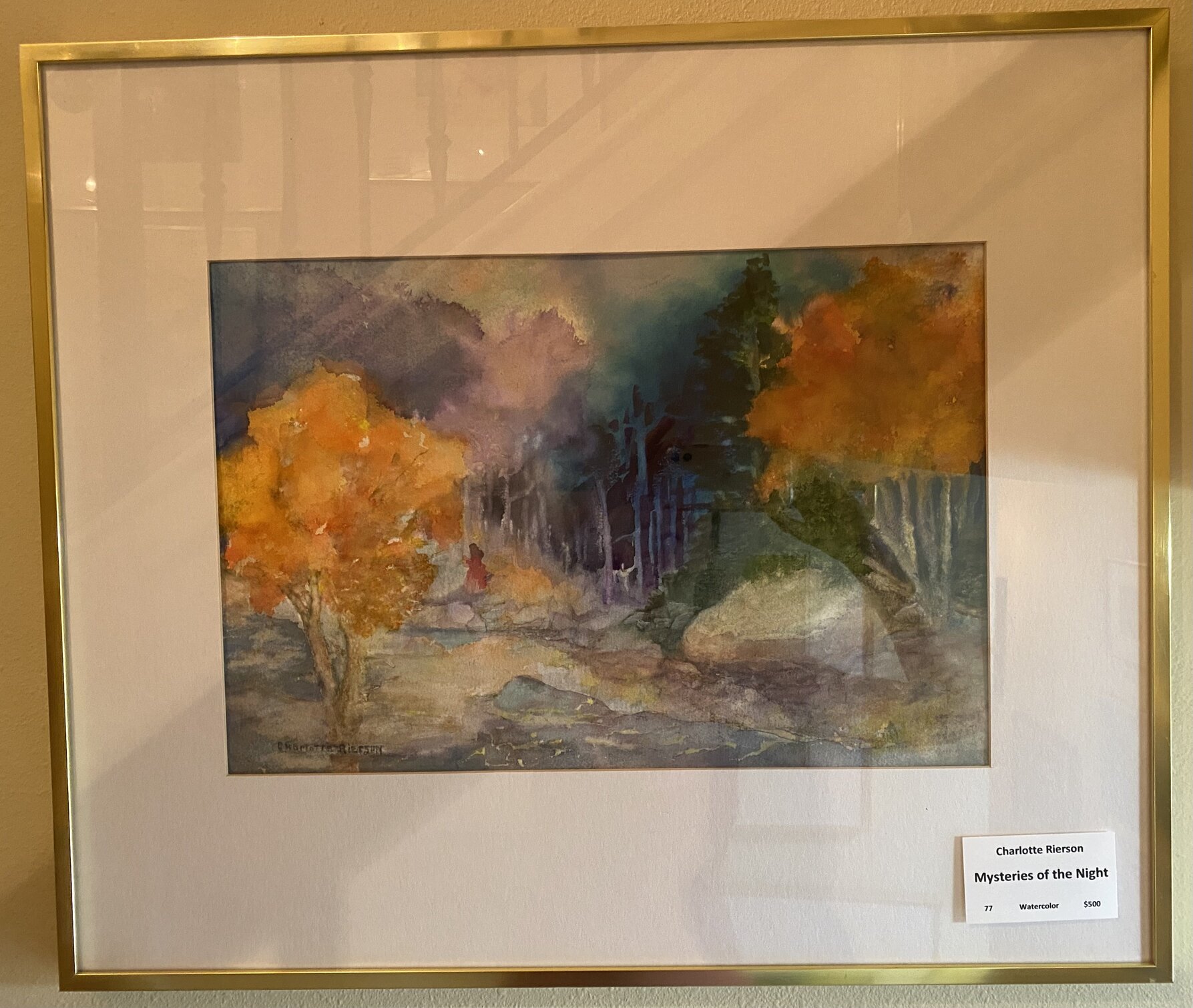 Watercolor titled Mysteries of the Night with glowing autumn trees and deep blue shadows