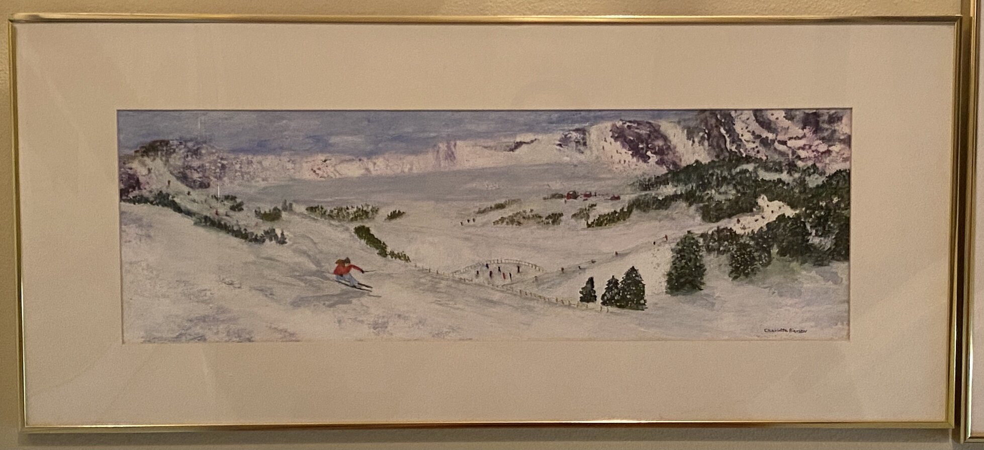 Watercolor ski slope scene with a skier descending a snowy mountain