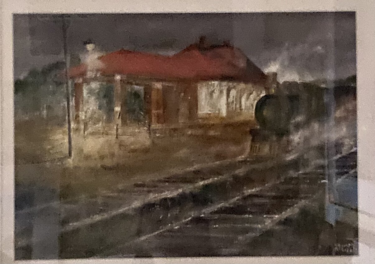 Street scene painting with Ozark Heritage sign titled Old Town Values